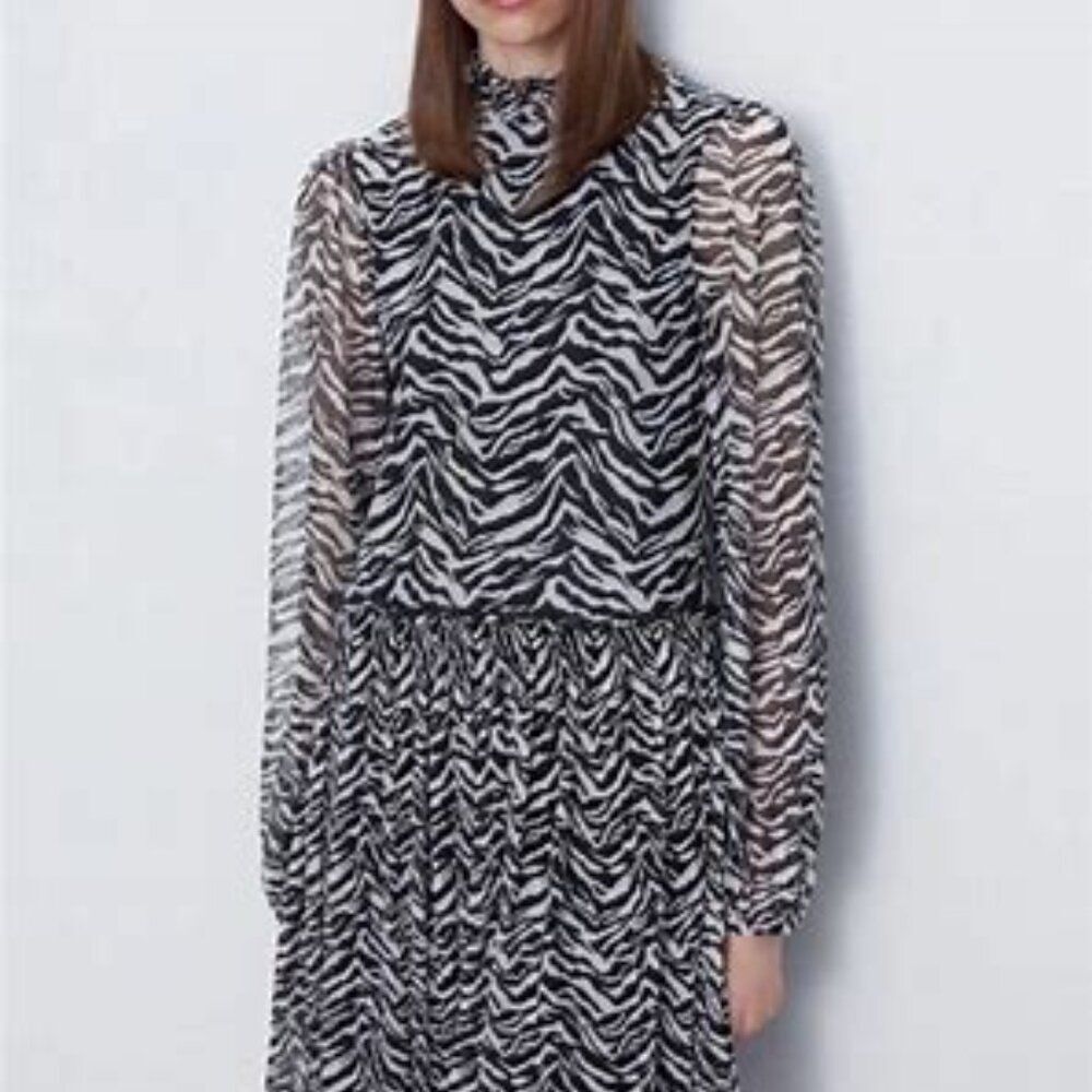 Zara Tulle  Zebra Print Long Sleeves High Neck Ruffle Dress Size M